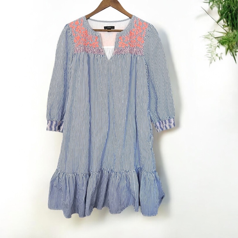 J.CREW Dress  Embroidered Ruffle Hem Oversize Size Medium Blue Striped Peach EUC
